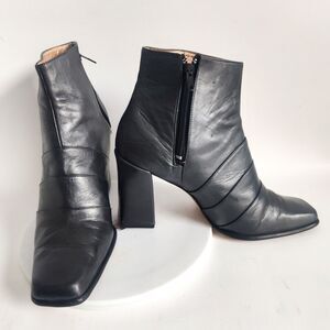 90s Y2k Black Leather Sole Ankle Boots Size 9‎ Block Heel Pointy Square Toe Chic